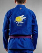 Honey Bee Buzzin embroidery on the back of a blue BJJ Gi