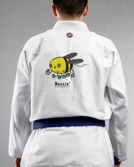 Honey Bee Buzzin embroidery on the back of a white BJJ Gi