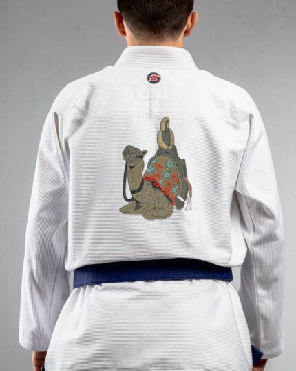 Camel embroidery on the back of a white BJJ Gi