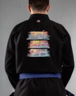 Sports Cars embroidery on the back of a black BJJ Gi