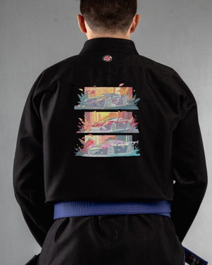 Sports Cars embroidery on the back of a black BJJ Gi