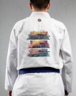Sports Cars embroidery on the back of a white BJJ Gi