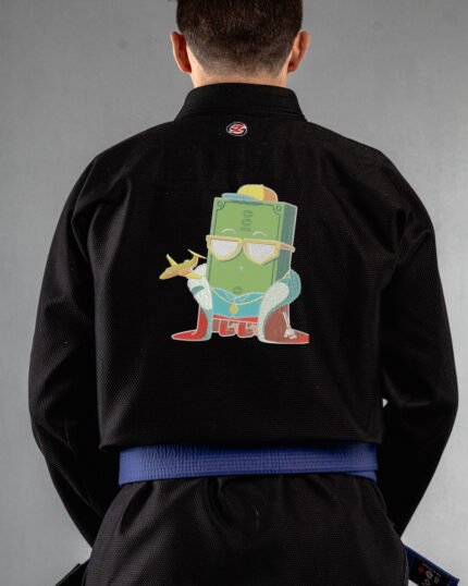Cash King embroidery on the back of a black BJJ Gi
