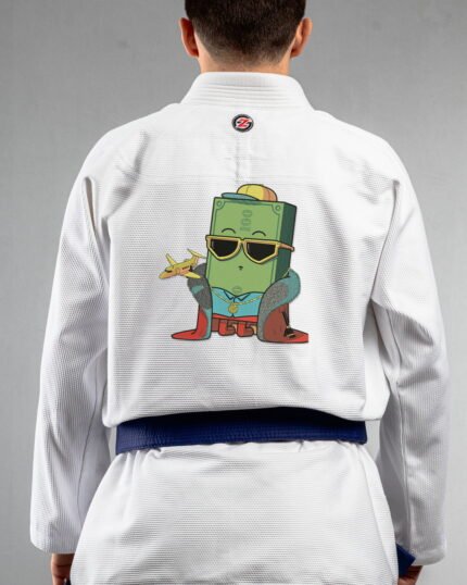 Cash King embroidery on the back of a white BJJ Gi