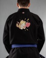 Cat Love embroidery on the back of a black BJJ Gi