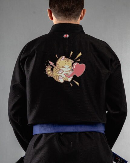 Cat Love embroidery on the back of a black BJJ Gi