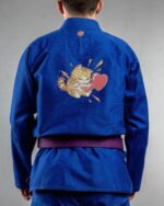 Cat Love embroidery on the back of a blue BJJ Gi