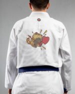 Cat Love embroidery on the back of a white BJJ Gi