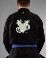 Cat Alien embroidery on the back of a black BJJ Gi