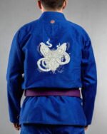 Cat Alien embroidery on the back of a blue BJJ Gi
