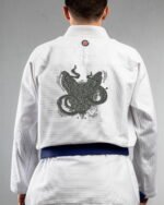 Cat Alien embroidery on the back of a white BJJ Gi