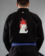 Cat Fire embroidery on the back of a black BJJ Gi