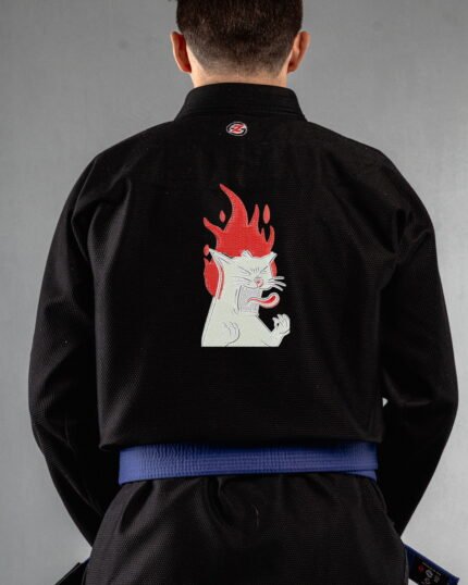 Cat Fire embroidery on the back of a black BJJ Gi