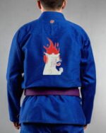 Cat Fire embroidery on the back of a blue BJJ Gi