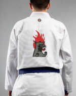 Cat Fire embroidery on the back of a white BJJ Gi