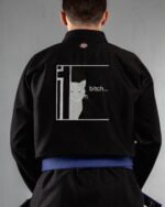 Cat Bitch embroidery on the back of a black BJJ Gi