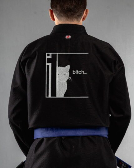 Cat Bitch embroidery on the back of a black BJJ Gi