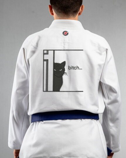 Cat Bitch embroidery on the back of a white BJJ Gi