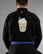 Catppuccino,cat Coffee embroidery on the back of a black BJJ Gi