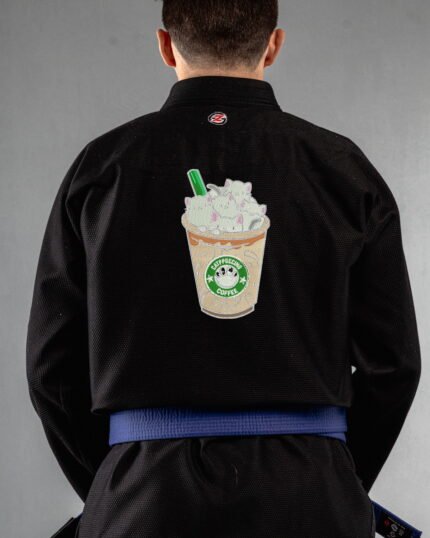 Catppuccino,cat Coffee embroidery on the back of a black BJJ Gi