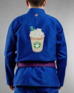 Catppuccino,cat Coffee embroidery on the back of a blue BJJ Gi