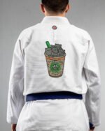 Catppuccino,cat Coffee embroidery on the back of a white BJJ Gi