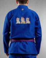 Kitty Party ,cat Embroidery embroidery on the back of a blue BJJ Gi