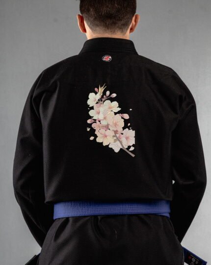 Cherry Blossom embroidery on the back of a black BJJ Gi