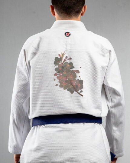 Cherry Blossom embroidery on the back of a white BJJ Gi