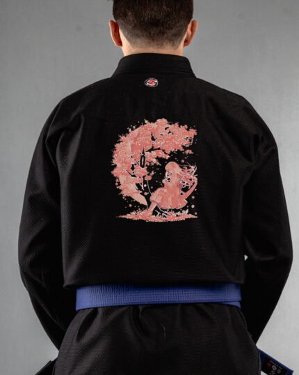 Cherry Blossom X Moon embroidery on the back of a black BJJ Gi