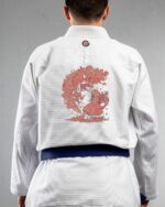 Cherry Blossom X Moon embroidery on the back of a white BJJ Gi