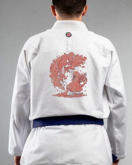 Cherry Blossom X Moon embroidery on the back of a white BJJ Gi