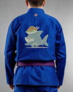 Chibbi Shark embroidery on the back of a blue BJJ Gi