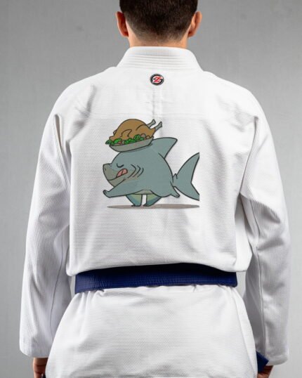 Chibbi Shark embroidery on the back of a white BJJ Gi