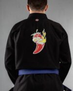 Chilli embroidery on the back of a black BJJ Gi
