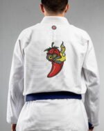 Chilli embroidery on the back of a white BJJ Gi