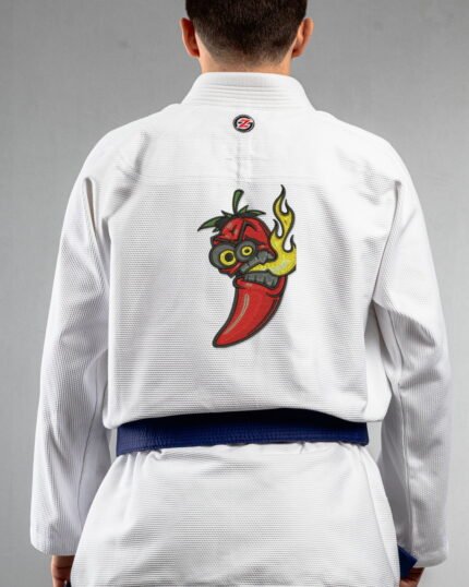 Chilli embroidery on the back of a white BJJ Gi