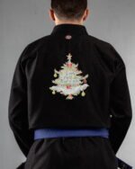 Christmas Tree embroidery on the back of a black BJJ Gi