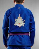 Christmas Tree embroidery on the back of a blue BJJ Gi