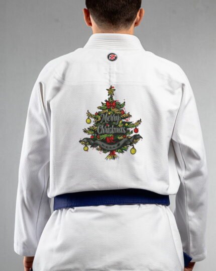 Christmas Tree embroidery on the back of a white BJJ Gi