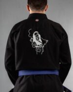 Pirates Coffee embroidery on the back of a black BJJ Gi