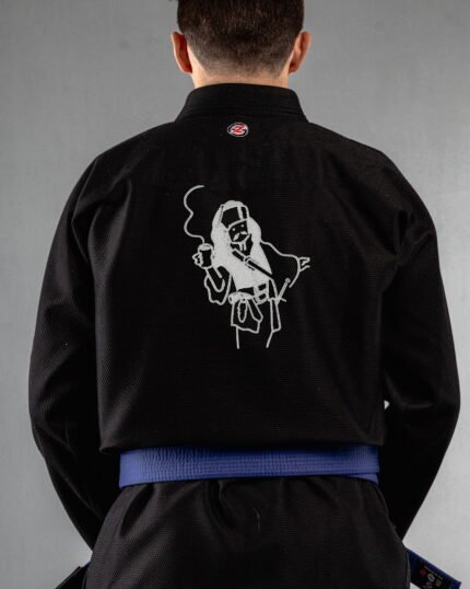 Pirates Coffee embroidery on the back of a black BJJ Gi