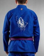 Pirates Coffee embroidery on the back of a blue BJJ Gi