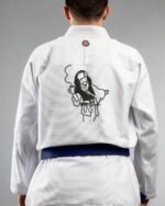 Pirates Coffee embroidery on the back of a white BJJ Gi