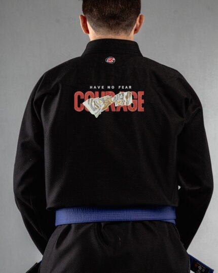 Courage embroidery on the back of a black BJJ Gi