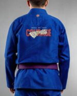 Courage embroidery on the back of a blue BJJ Gi