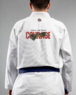 Courage embroidery on the back of a white BJJ Gi