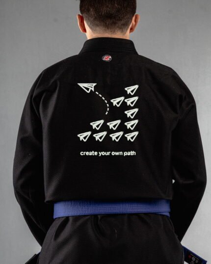 Create Your Own Path embroidery on the back of a black BJJ Gi