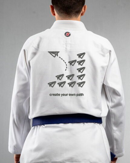 Create Your Own Path embroidery on the back of a white BJJ Gi