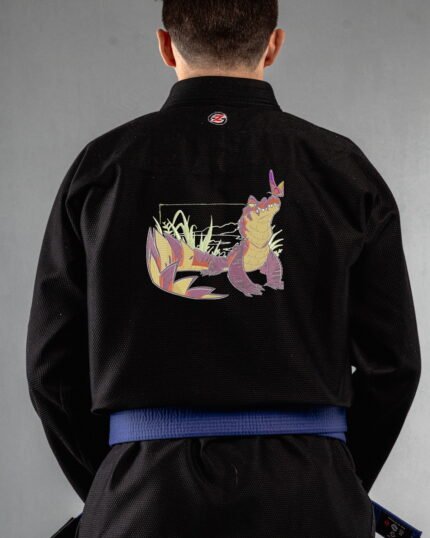 Crocodile embroidery on the back of a black BJJ Gi